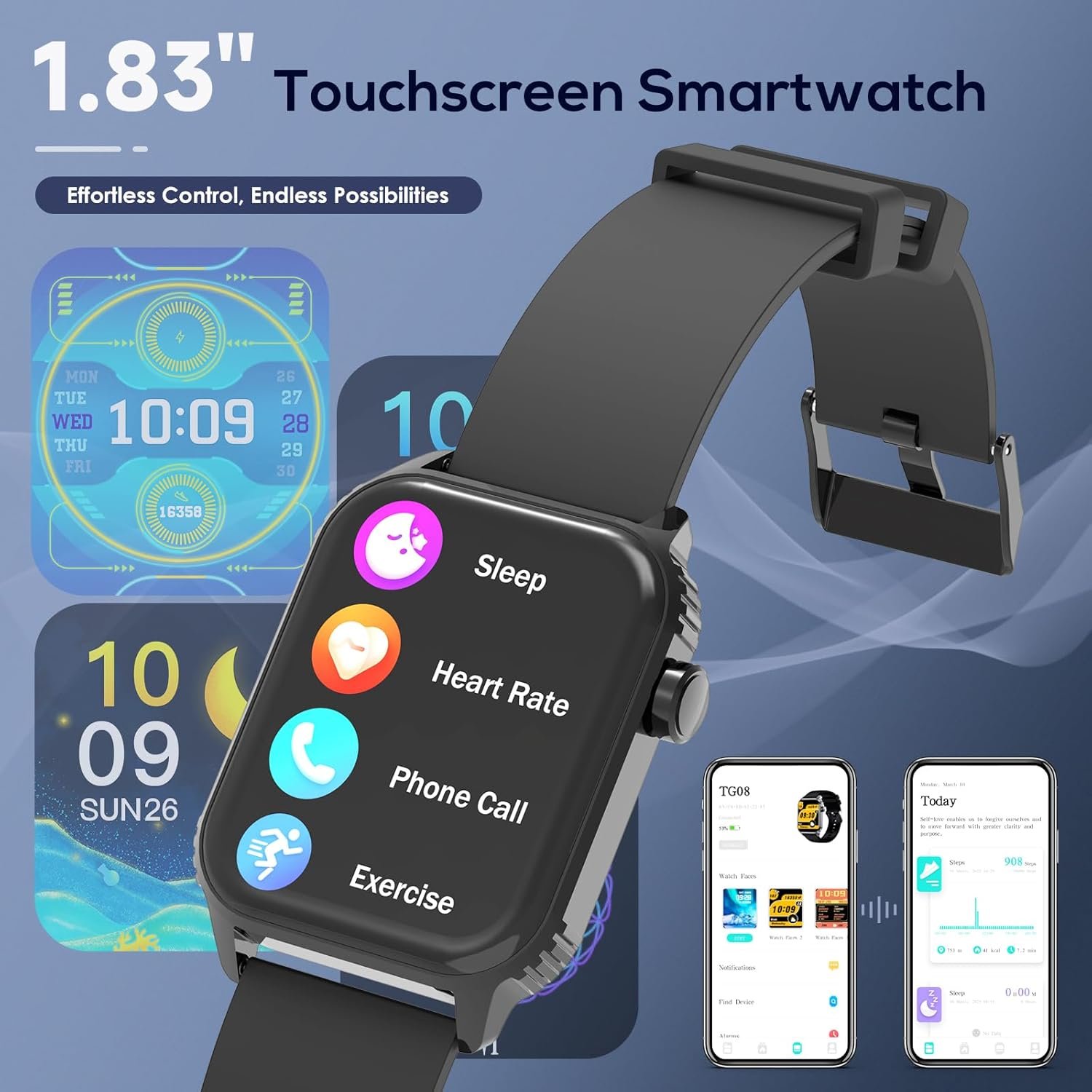 TRAUSI TG08 Smartwatch image: TRAUSI TG08 Smartwatch (1.83″ HD, Black), a budget-friendly wearable gadget in best smart watches 2025.